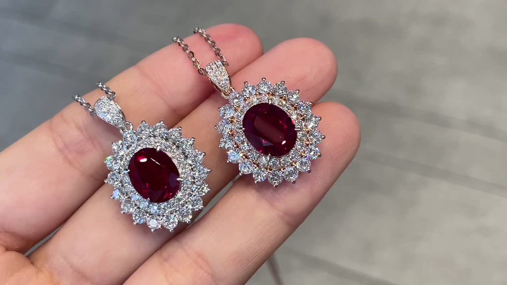 18K Lab-Grown Ruby Oval Double Halo Diamond Necklace | 2.51ct