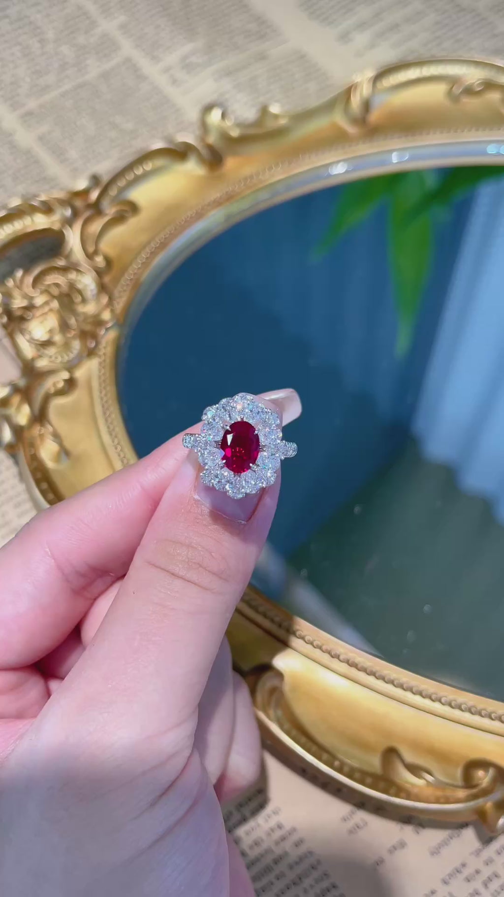 18K White Gold Lab-Grown Ruby Oval Double-Layer Teardrop Halo Ring | 1.70ct