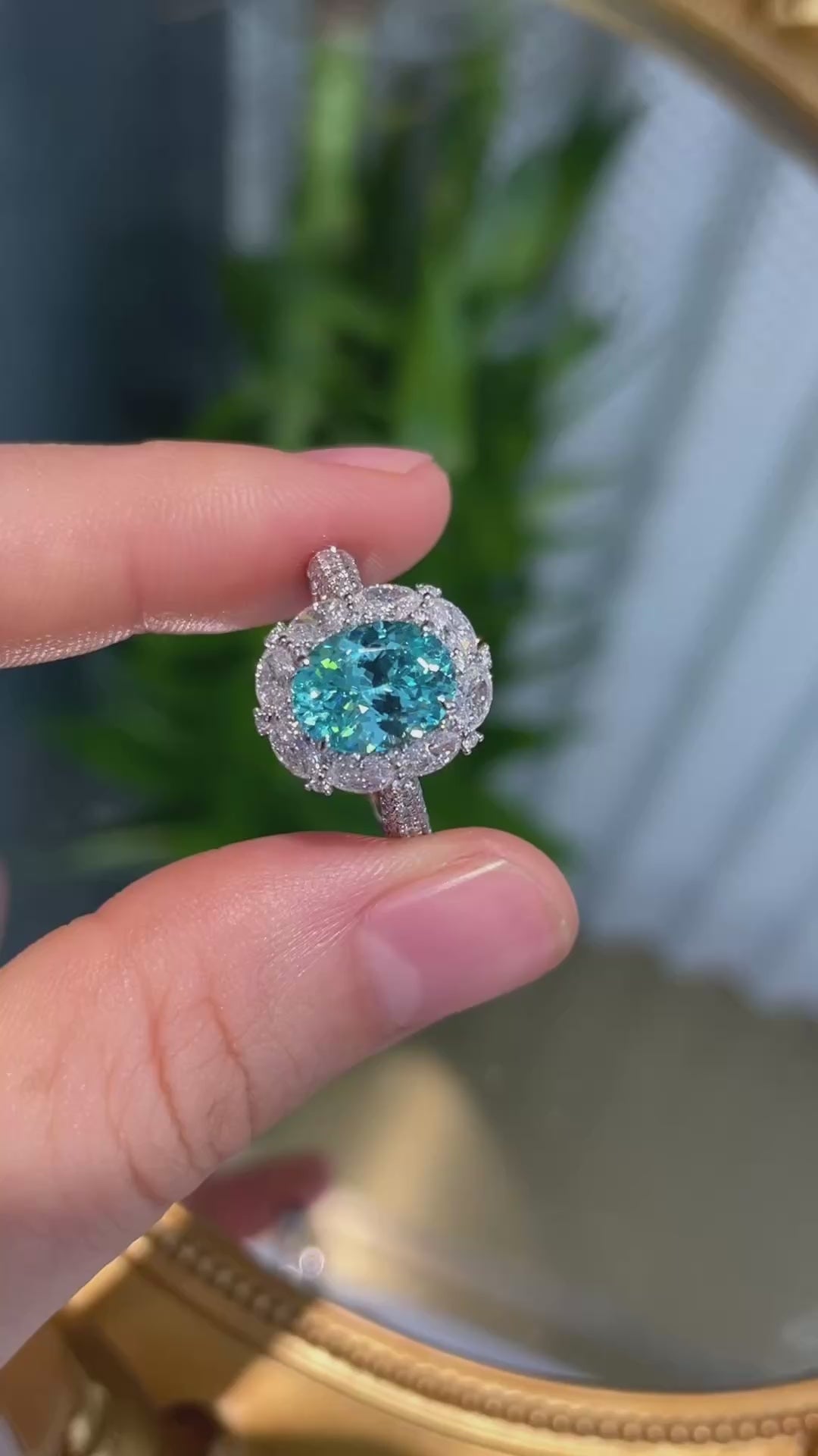 PT950 Lab-Grown Paraiba Tourmaline Oval Diamond Halo Ring | 3.05ct