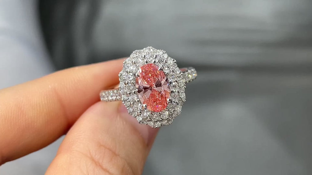 18K White Gold Lab-Grown Pink Diamond IGI Oval Double Halo Convertible Ring & Pendant | 1.00ct