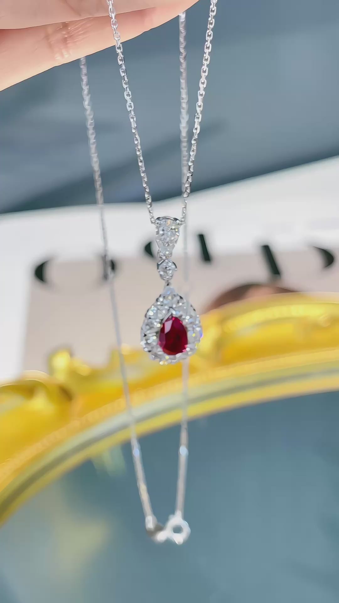 18K White Gold Lab-Grown Ruby Pear-Cut Diamond Halo Drop Necklace | 1.15ct